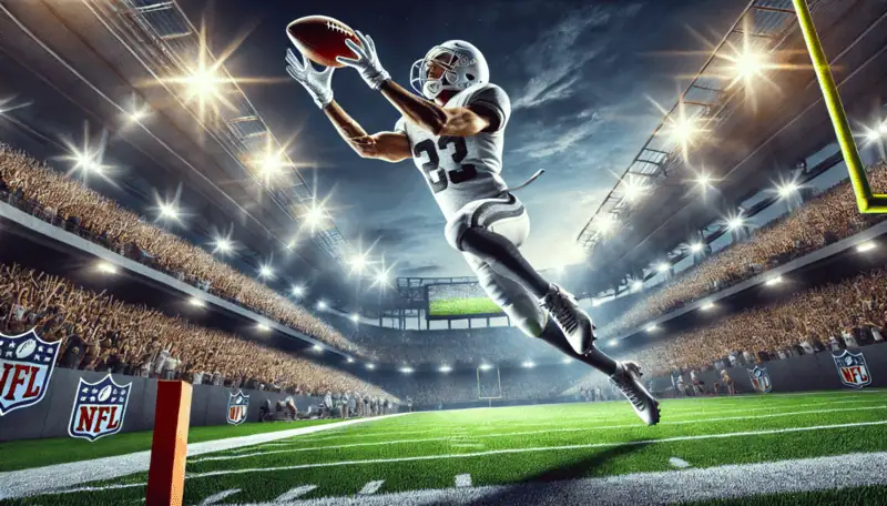 A football player in a white jersey leaps to catch a ball in a brightly lit stadium, showcasing dynamic motion and excitement.