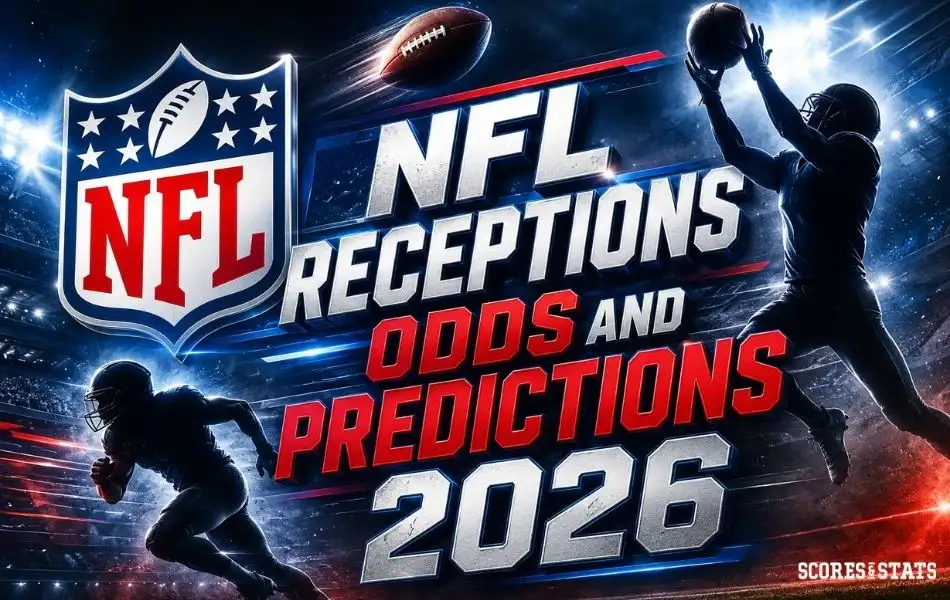 NFL receptions odds and predictions 2026 graphic featuring the NFL logo, a receiver making a catch, and another player running with the football in a stadium setting.