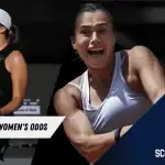 Two women tennis players in action, surrounded by graphics displaying "US Open Tennis Women's Odds." Energetic sports atmosphere.