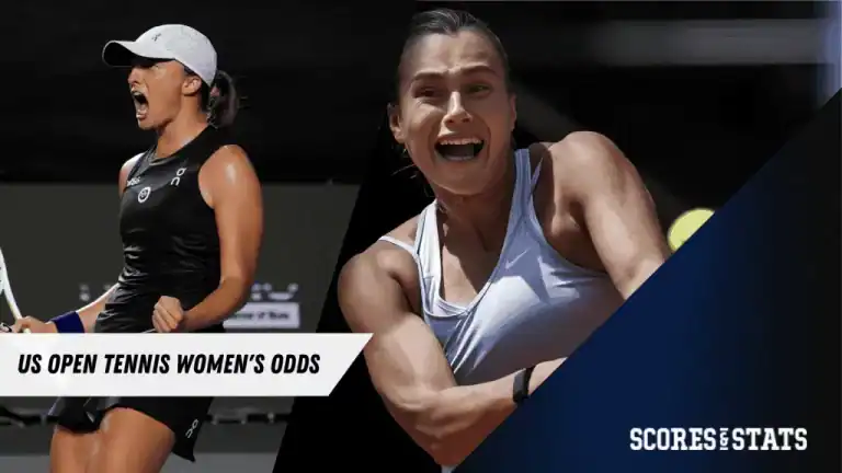 Two women tennis players in action, surrounded by graphics displaying "US Open Tennis Women's Odds." Energetic sports atmosphere.