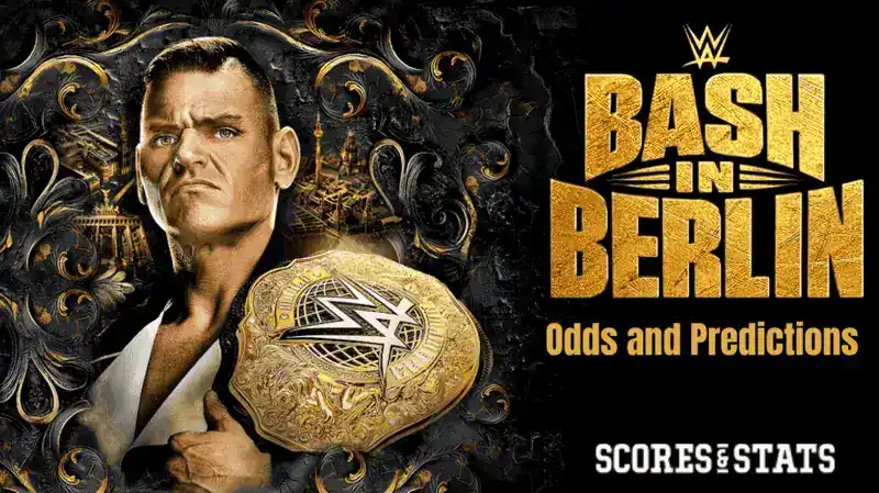 Luchador de la WWE con cinturón de campeonato promocionando el evento Bash in Berlin 2024, acompañado del logo dorado y un fondo artístico oscuro.