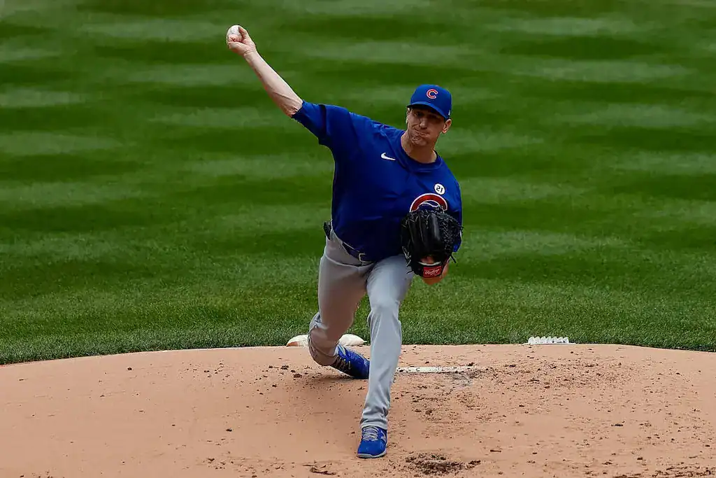 Chicago Cubs pitcher throws from the mound.