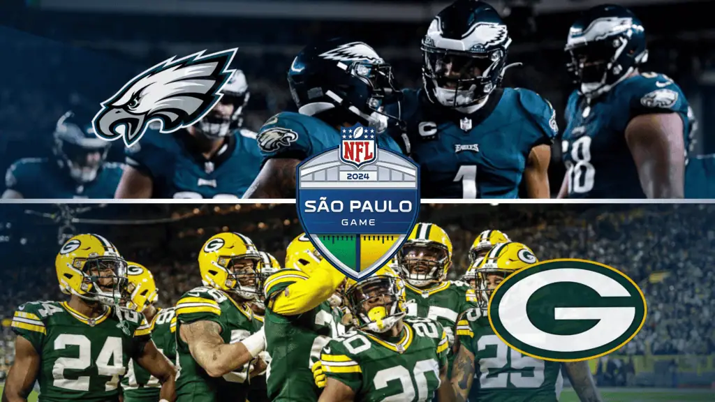An NFL logo features the Philadelphia Eagles and Green Bay Packers, promoting the 2024 São Paulo Game between the teams.