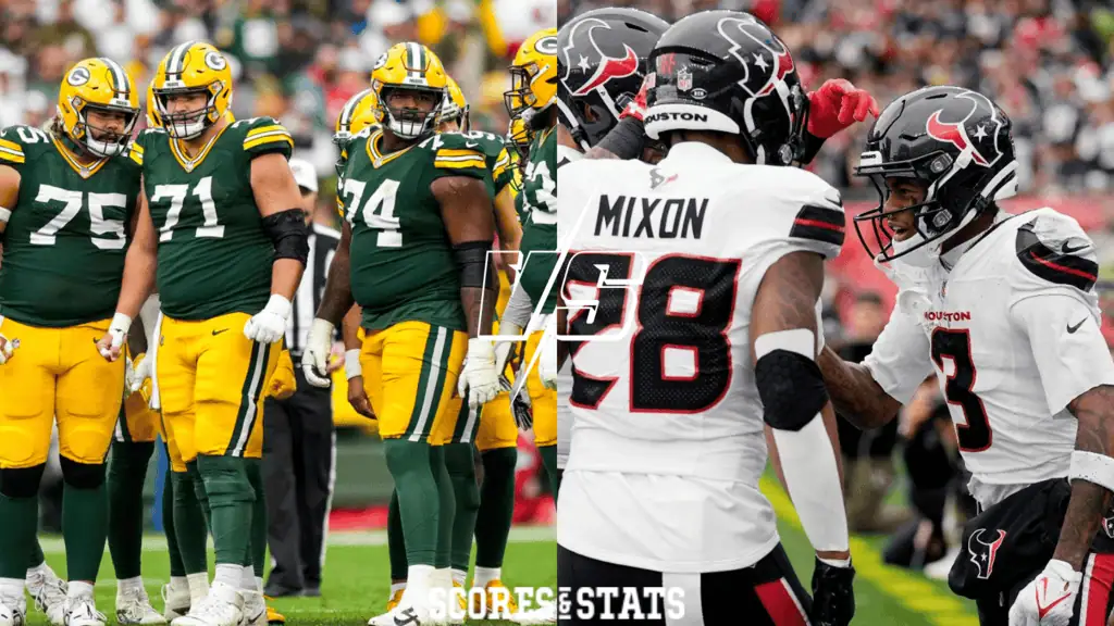 Green Bay Packers vs Houston Texans Picks and Predictions October 20th 2024 2 Two football teams, one in green and yellow and the other in white and black, face off on the field during a game.