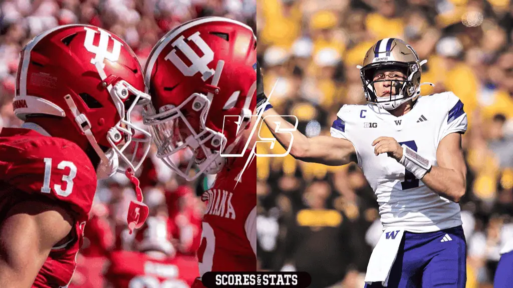 Indiana Hoosiers vs Washington Huskies Picks and Predictions October 26th 2024 2 Two college football players in red helmets face off, with a third player in a white jersey throwing a pass. The score is at stake.
