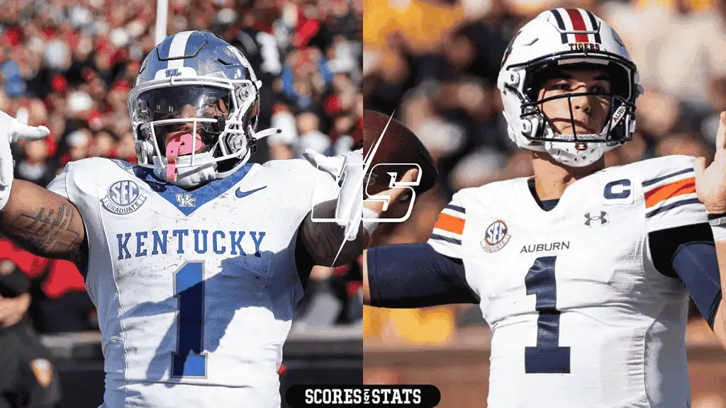 Kentucky Wildcats vs Auburn Tigers Picks and Predictions October 26th 2024 2 Two football players in their uniforms, one representing Kentucky and the other Auburn, pose confidently in a split image format.