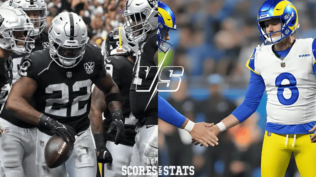 L.a. Rams Rams vs Las Vegas Raiders Picks and Predictions October 20th 2024 2 A Raiders player celebrates with teammates, holding a football, while a Rams player extends a handshake, showcasing team rivalry.