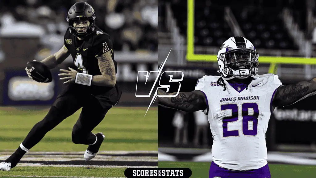Appalachian State Mountaineers vs James Madison Dukes Picks and Predictions November 23rd 2024 2 App State quarterback and James Madison defender face off in football game