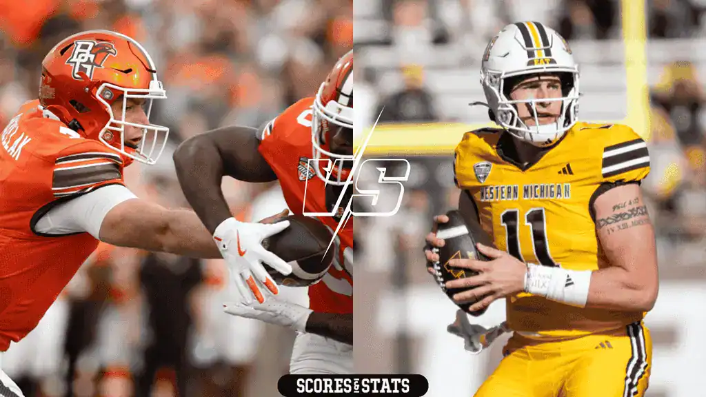 Bowling Green Falcons vs Western Michigan Broncos Picks and Predictions November 12th 2024 2 A football player in orange prepares to hand off the ball to a teammate, while a player in yellow gets ready to throw a pass.