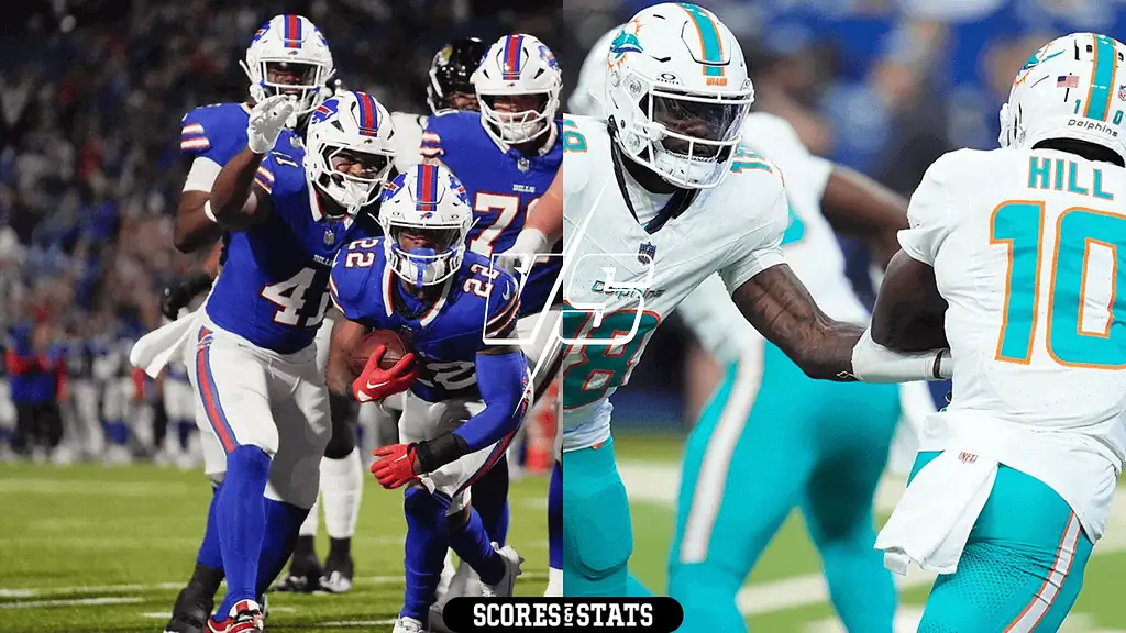 Buffalo Bills vs Miami Dolphins Picks and Predictions November 3rd 2024 2 Buffalo Bills and Miami Dolphins players compete on the field during an intense NFL game, showcasing athleticism and team spirit.
