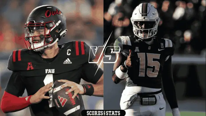 Florida Atlantic Owls vs Charlotte 49ers Picks and Predictions November 23rd 2024 2 FAU quarterback in black uniform preparing to throw a pass facing off against UCF quarterback giving a thumbs up gesture