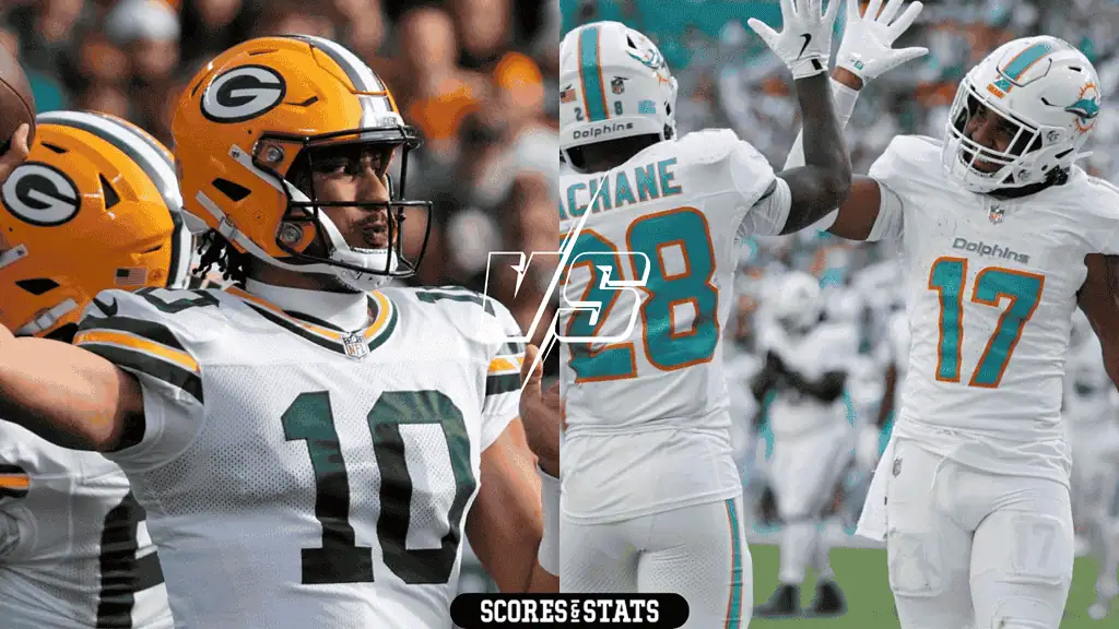 Green Bay Packers vs Miami Dolphins Picks and Predictions November 28th 2024 2 A player from the Green Bay Packers prepares to throw a football while two Miami Dolphins players celebrate a touchdown.