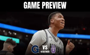 Action-packed basketball scene showcasing players in jerseys, with the title "Game Preview" above, and teams' logos below.