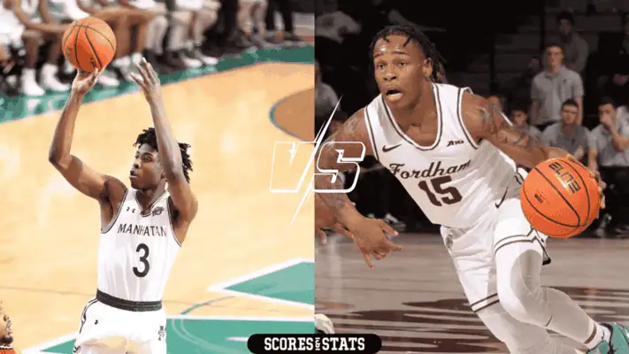 Manhattan Jaspers vs Fordham Rams Picks and Predictions November 15th 2024 2 Manhattan player shooting a jump shot while Fordham player drives with the ball during a college basketball game.