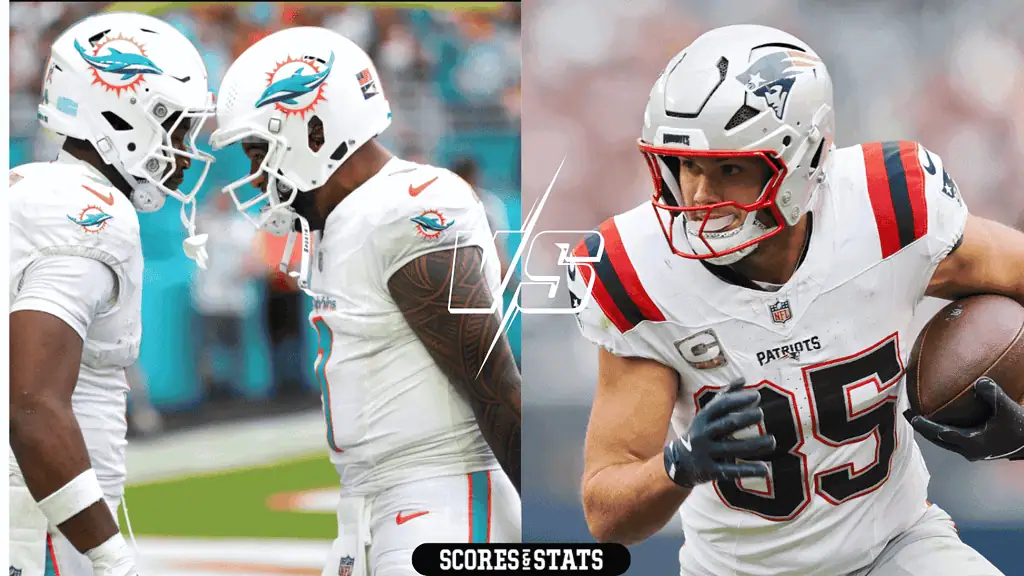 Miami Dolphins vs New England Patriots Picks and Predictions November 24th 2024 2 Two NFL players from the Miami Dolphins stand face to face in white uniforms, competing against a New England Patriots player in motion.