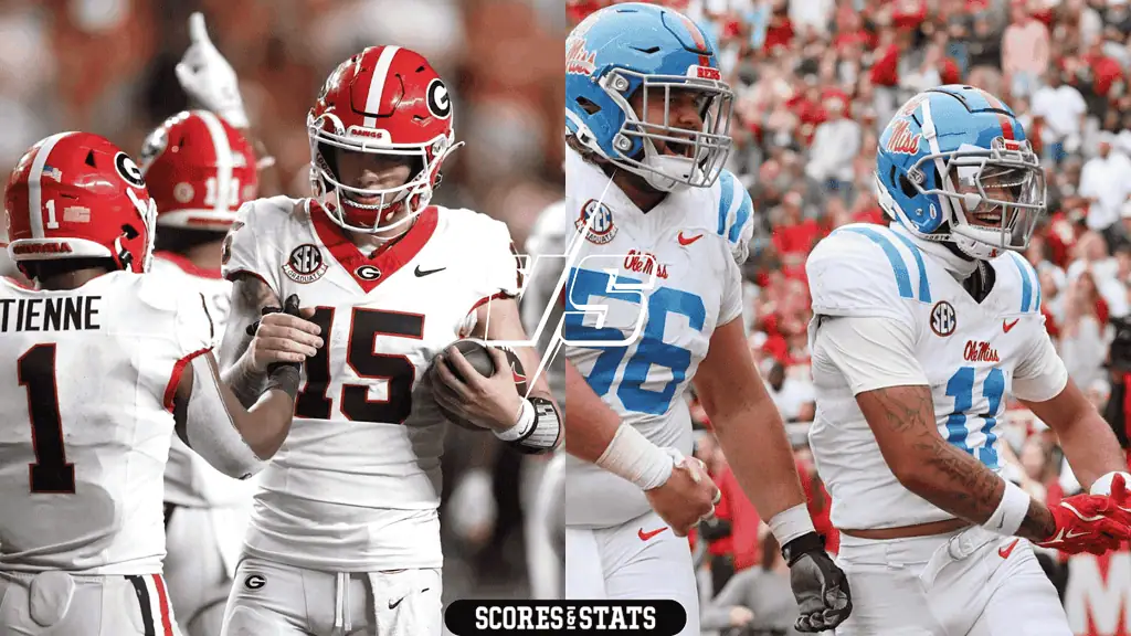 Mississippi Rebels vs Georgia Bulldogs Picks and Predictions November 9th 2024 2 Two college football teams, Georgia in red and Ole Miss in blue, face off in an intense matchup, showcasing players in action.