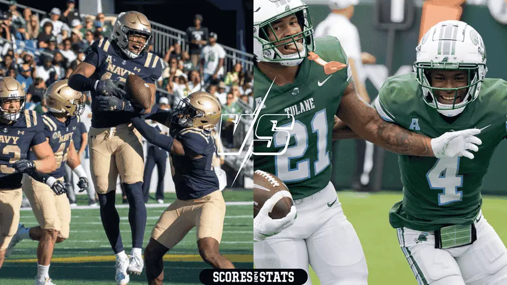 Navy Midshipmen vs Tulane Green Wave Picks and Predictions November 16th 2024 2 Navy football players celebrate a touchdown, while Tulane players execute a play, showcasing college rivalry on the field.
