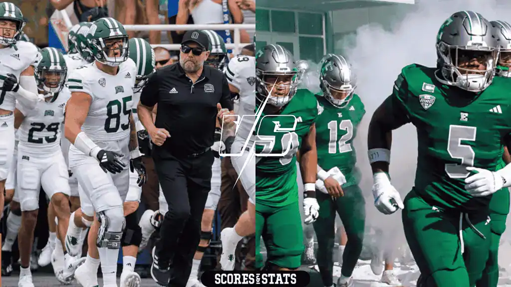 Ohio Bobcats vs Eastern Michigan Eagles Picks and Predictions November 13th 2024 2 A college football matchup featuring teams in white and green uniforms, with players entering the field amid smoke and cheering fans.