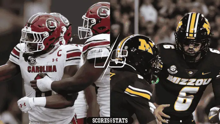 Split-screen image of South Carolina Gamecocks players in white uniforms and Missouri Tigers players in black uniforms facing off in an SEC football game.