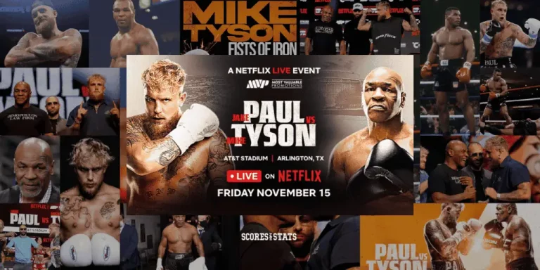 Promotional image for Netflix's live boxing event featuring Jake Paul vs. Mike Tyson at AT&T Stadium, Arlington, TX.