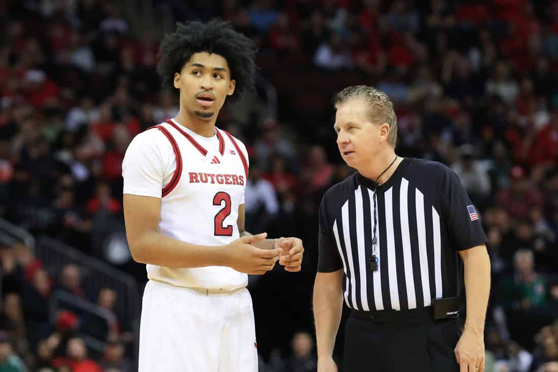 NCAAB 2 Rutgers Player Talking to the Referee
