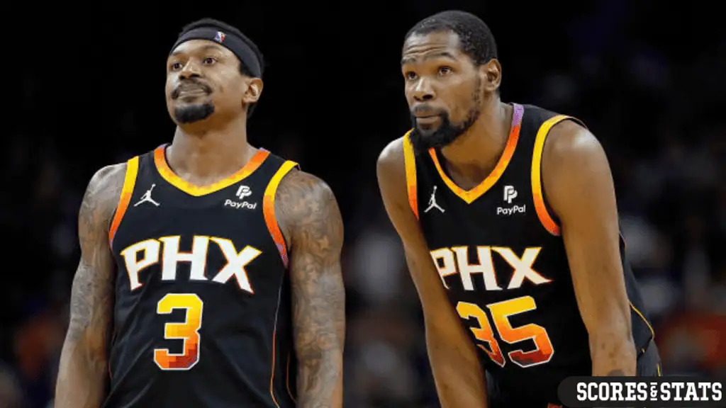 Sacramento Kings vs Detroit Pistons Picks and Predictions December 26th 2024 2 Phoenix Suns teammates Bradley Beal (#3) and Kevin Durant (#35) stand focused during a game