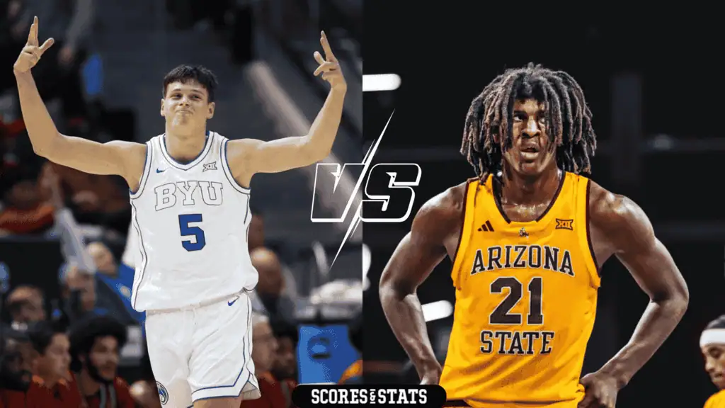 Byu Cougars vs Arizona State Sun Devils Picks and Predictions December 31st 2024 2 Dynamic basketball players from BYU and Arizona State face off, with their jerseys prominently displaying team colors and numbers.