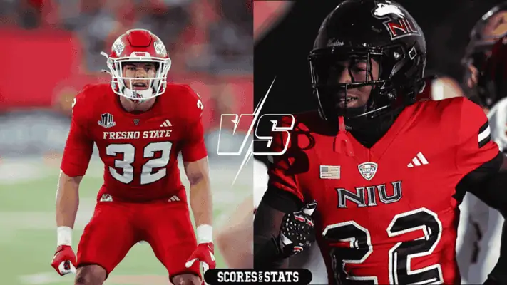Fresno State Bulldogs vs Northern Illinois Huskies Picks and Predictions December 23rd 2024 2 Fresno State and Northern Illinois University football players facing off, both wearing red uniforms, ready for action.