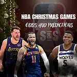 Four basketball players in NBA jerseys are featured against a festive background with Christmas decorations, highlighting NBA Christmas games.