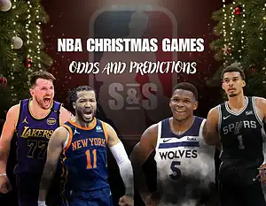 Four basketball players in NBA jerseys are featured against a festive background with Christmas decorations, highlighting NBA Christmas games.