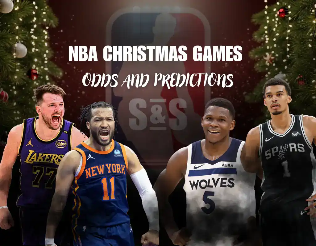 Four basketball players in NBA jerseys are featured against a festive background with Christmas decorations, highlighting NBA Christmas games.
