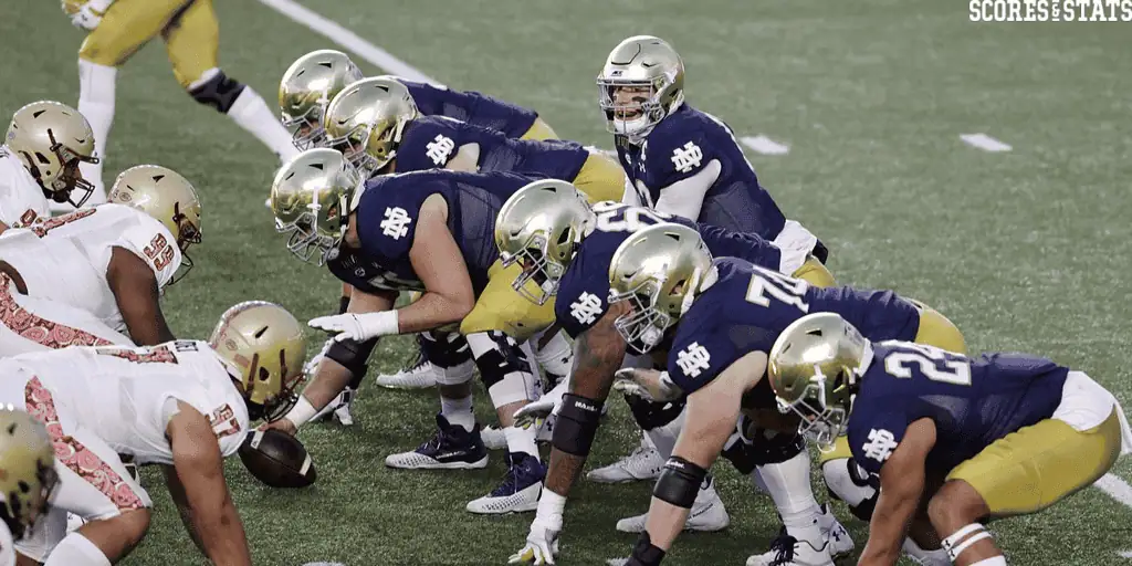 A football offensive line from Notre Dame readies for a play against a defensive line, showcasing teamwork and athleticism on the field.