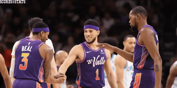 Phoenix-suns vs Memphis Grizzlies Picks and Predictions December 31st 2024 2 Phoenix Suns players Bradley Beal (#3), Devin Booker (#1), and Kevin Durant share a handshake and smiles while wearing purple "El Valle" jerseys during an NBA game