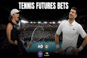 A tennis match backdrop highlighting upcoming tournaments, featuring players ready to compete with tennis rackets in hand.