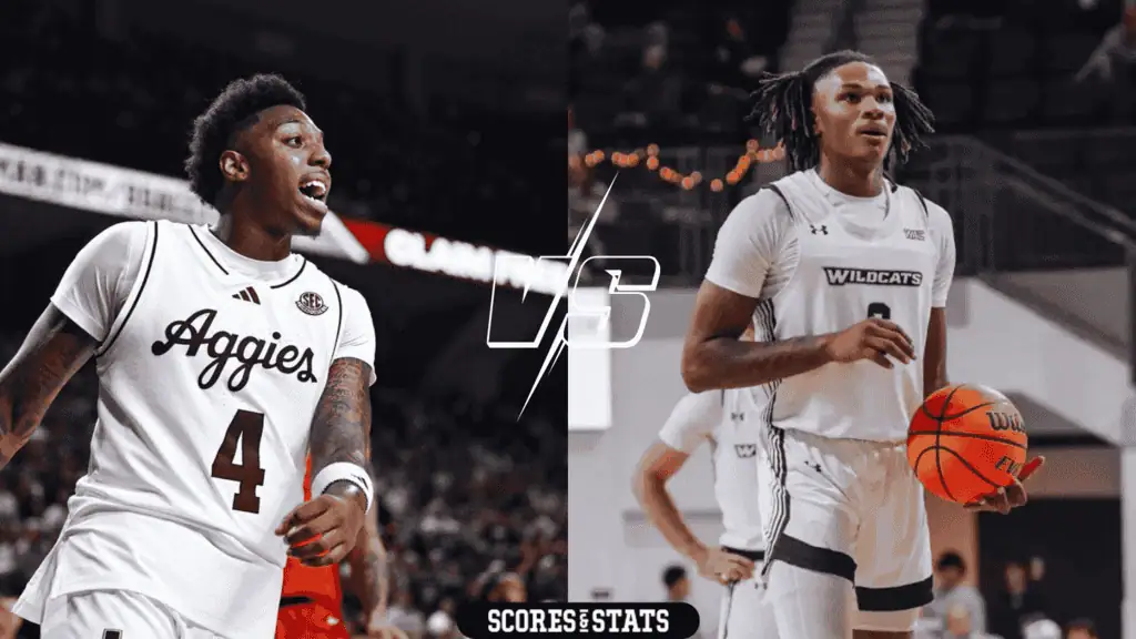 Texas A&m Aggies vs Abilene Christian Wildcats Picks and Predictions December 28th 2024 2 Two basketball players from rival teams, one in an Aggies jersey and the other in a Wildcats jersey, poised for competition.