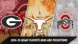 Inicio 2 Collage of college football team logos: Georgia, Texas, and Ohio State, with a focus on NCAA playoffs odds and predictions for 2024-25.