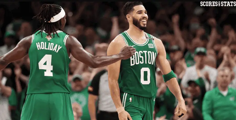 Oklahoma City Thunder vs Boston Celtics Picks and Predictions January 5th 2025 2 Boston Celtics players Jrue Holiday (#4) and Jayson Tatum (#0) in green uniforms celebrate during an NBA game