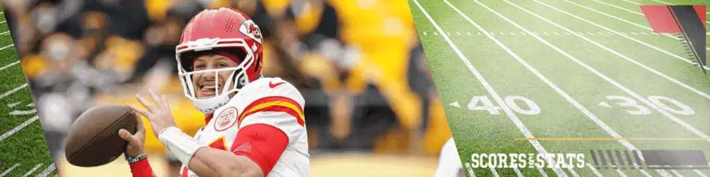 Kansas City Chiefs vs Houston Texans Picks and Predictions January 18th 2025 3 A quarterback in a red and white uniform prepares to pass a football on a blurred football field with yellow-clad spectators.