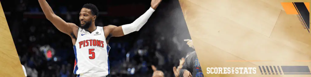 Detroit Pistons vs Golden State Warriors Picks and Predictions January 9th 2025 3 Detroit Pistons player wearing white jersey number 5 raises his arms in celebration during an NBA game
