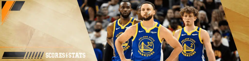 Detroit Pistons vs Golden State Warriors Picks and Predictions January 9th 2025 2 Golden State Warriors players, including Stephen Curry (#30), stand in formation on the court wearing blue and gold jerseys