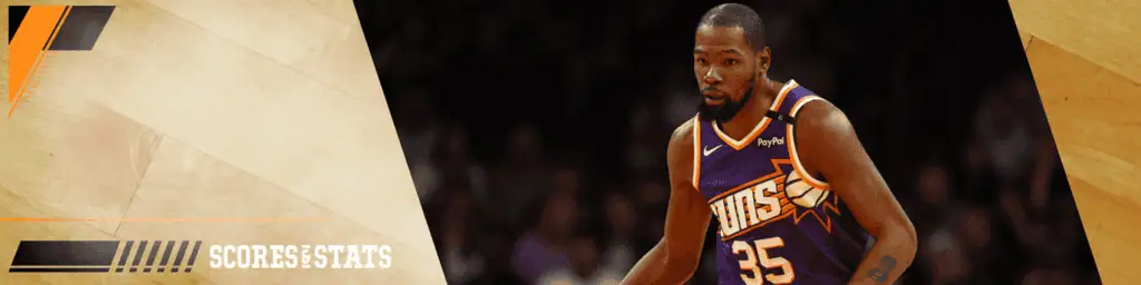 NBA star Kevin Durant dribbling the basketball in a Phoenix Suns jersey during a game,