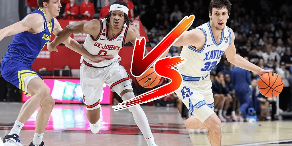 Xavier Musketeers vs St. John's Red Storm Picks and Predictions January 7th 2025 3 Two basketball players are competing on the court, with a vivid "vs" graphic between them, showcasing a dynamic matchup.