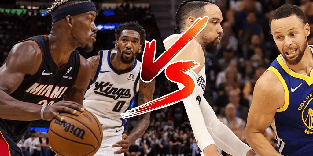 Golden State Warriors vs Miami Heat Picks and Predictions January 7th 2025 3 A basketball game scene featuring players from the Miami Heat and Sacramento Kings in an intense match-up,