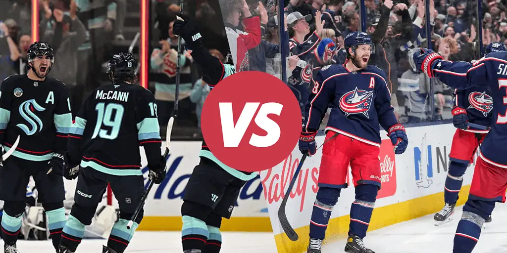 Columbus Blue Jackets vs Seattle Kraken Picks and Predictions January 9th 2025 3 A split image featuring two ice hockey teams celebrating, with a bold "VS" in the center, highlighting the competitive atmosphere.