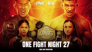 Promotional image for ONE Fight Night 27 featuring championship belts and silhouettes of fighters, with text displaying "Odds and Predictions."