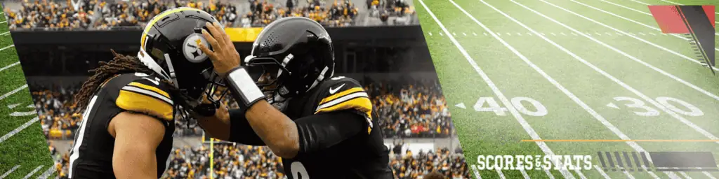 Baltimore Ravens vs Pittsburgh Steelers Picks and Predictions January 11th 2025 2 Two Pittsburgh Steelers players celebrate a touchdown on the field, with a cheering crowd and yard lines visible in the background.