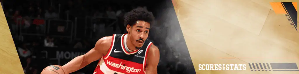 Golden State Warriors vs Washington-wizards Picks and Predictions January 18th 2025 2 Washington Wizards basketball player in a red, white, and blue jersey dribbling the ball with focus