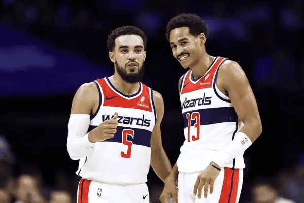 La Clippers vs Washington-wizards Picks and Predictions January 23rd 2025 3 Two Washington Wizards players, wearing white jerseys, in conversation and smiling during an NBA game.