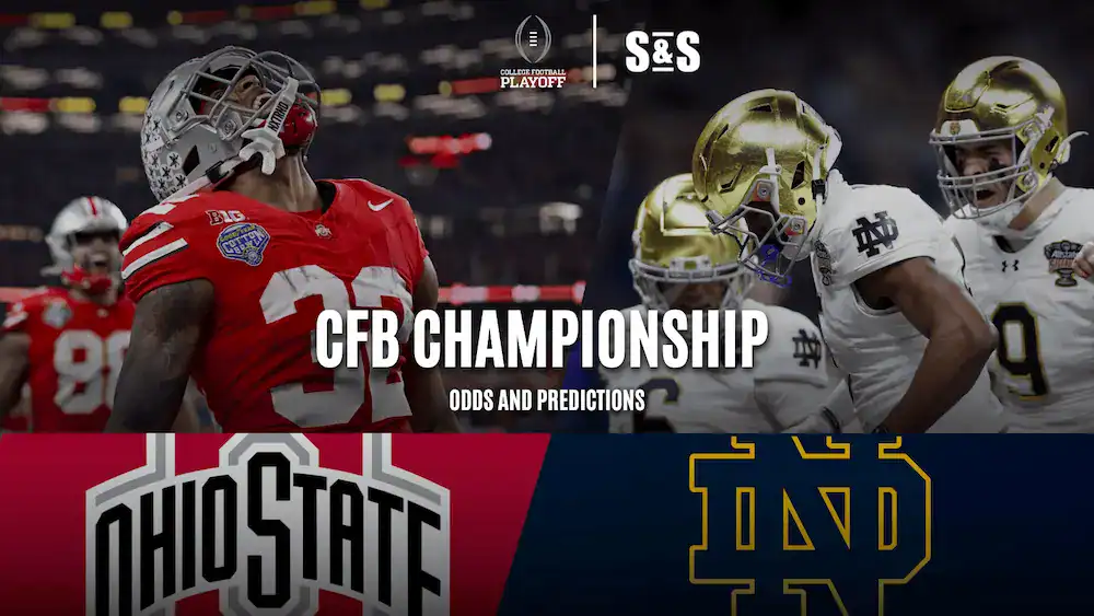 ncaaf collage featuring ohio state and notre dame players and logos