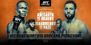 Promotional graphic for UFC Fight Night 250 featuring matchups Adesanya vs. Imamov and Magomedov vs. Page, with odds and predictions.